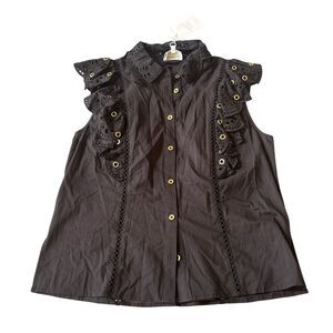 Christy Lynn Tania Top Womens Large Black Gold Grommets Ruffle Button Front